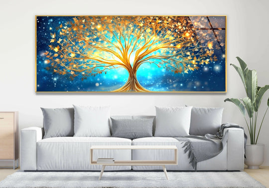 Layers of celestial depth and luminescence highlight the golden tree of life in this abstract tempered glass wall art, creating a visually stunning panoramic piece.