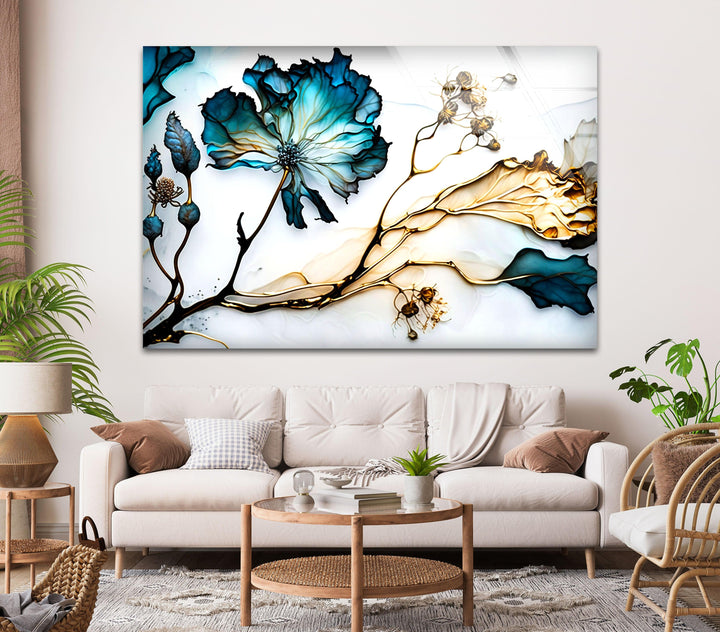 Blue Abstract Flower Glass Wall Art, custom glass pictures, glass art prints