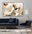 a living room with a blue couch and a gold and white flower painting on the
