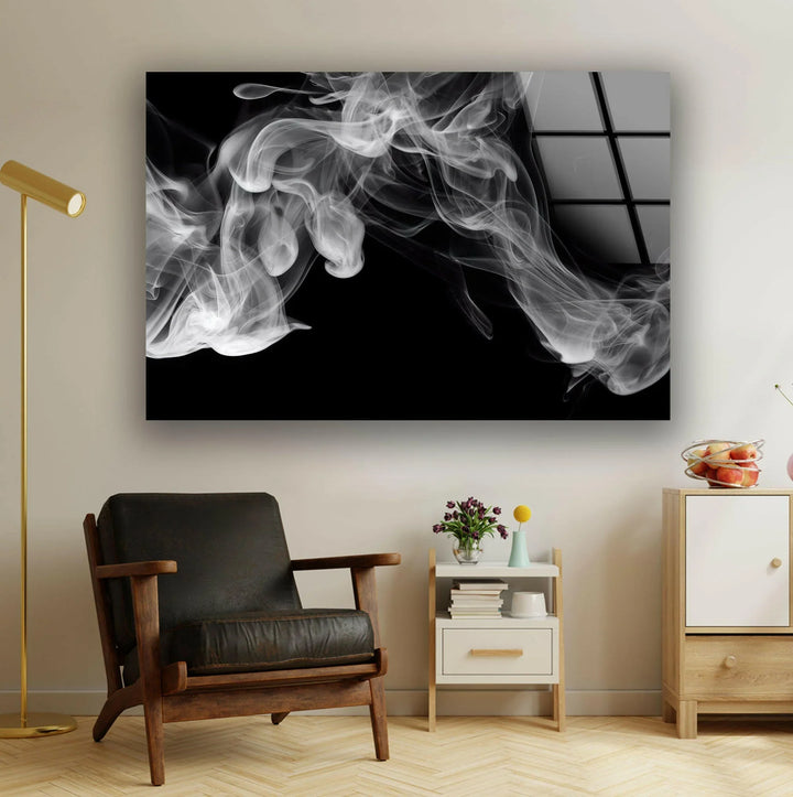 Abstract monochrome smoke pattern on tempered glass wall art with soft, drifting white wisps.