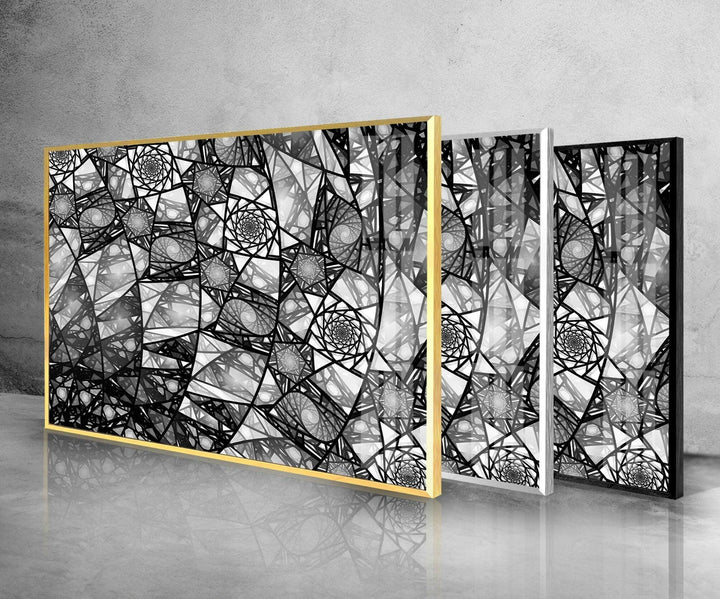 Contemporary fractal geometry design with repeating motifs printed on glass wall art.- MyPhotoStation