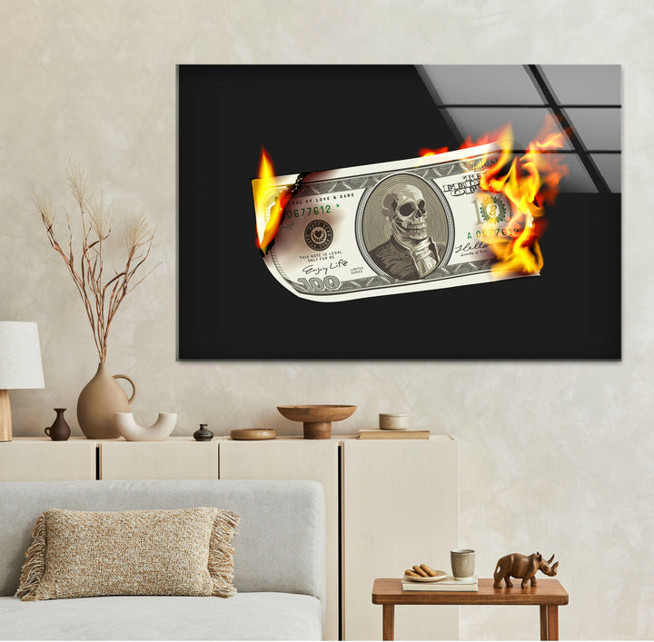 a picture of a dollar bill on fire in a living room