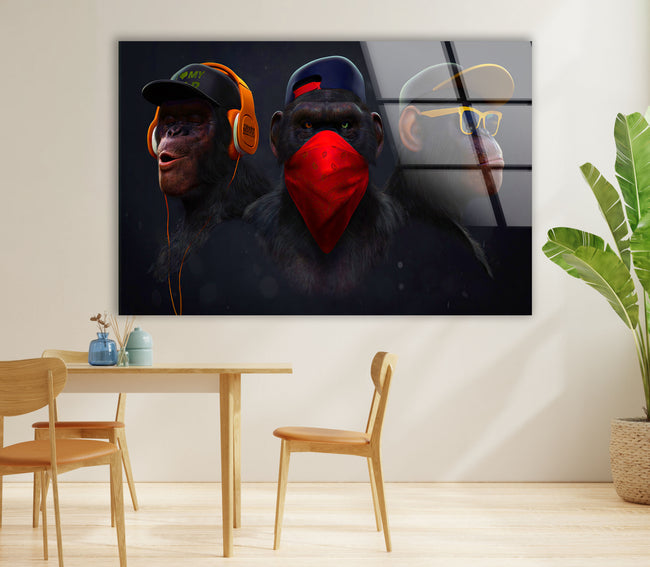 a painting of two monkeys wearing headphones