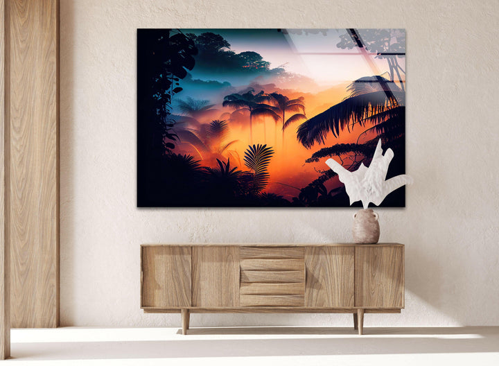 A captivating tropical sunrise in the jungle, bringing a serene and vibrant atmosphere to any room.
