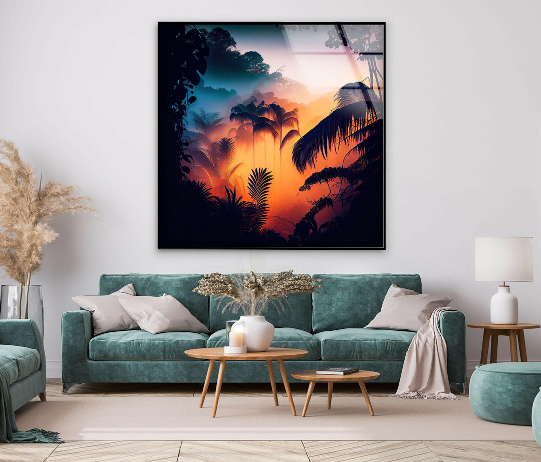 Stunning jungle landscape with rays of sunlight illuminating the tropical foliage at dawn.
