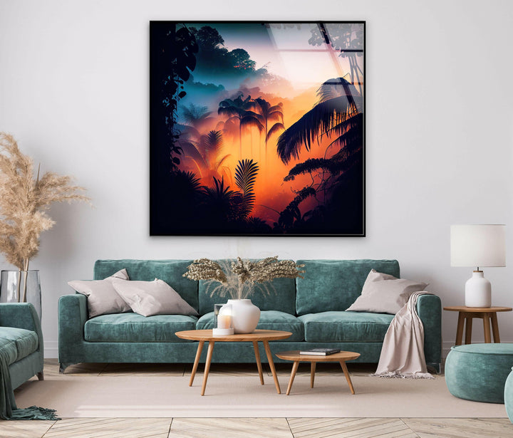 Stunning jungle landscape with rays of sunlight illuminating the tropical foliage at dawn.
