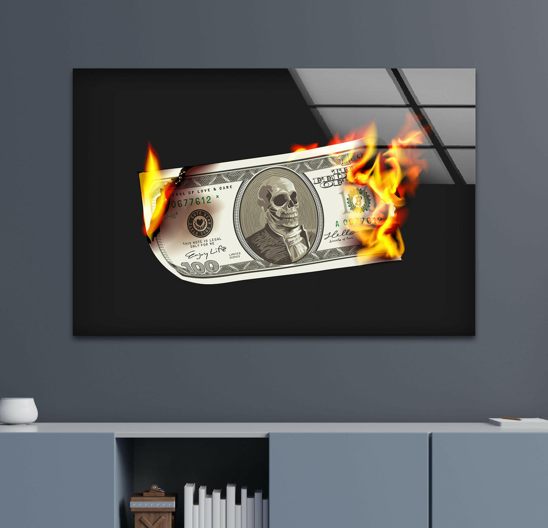 a dollar bill is on fire in a room