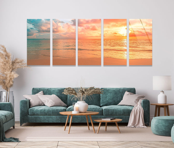 Pastel Sunset Beach Landscape Glass Wall Art, custom glass pictures, glass art prints