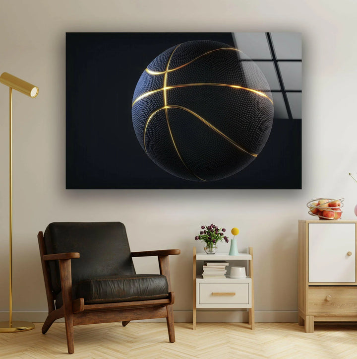 Monochrome-inspired glass wall art featuring a textured basketball with glowing gold lines.