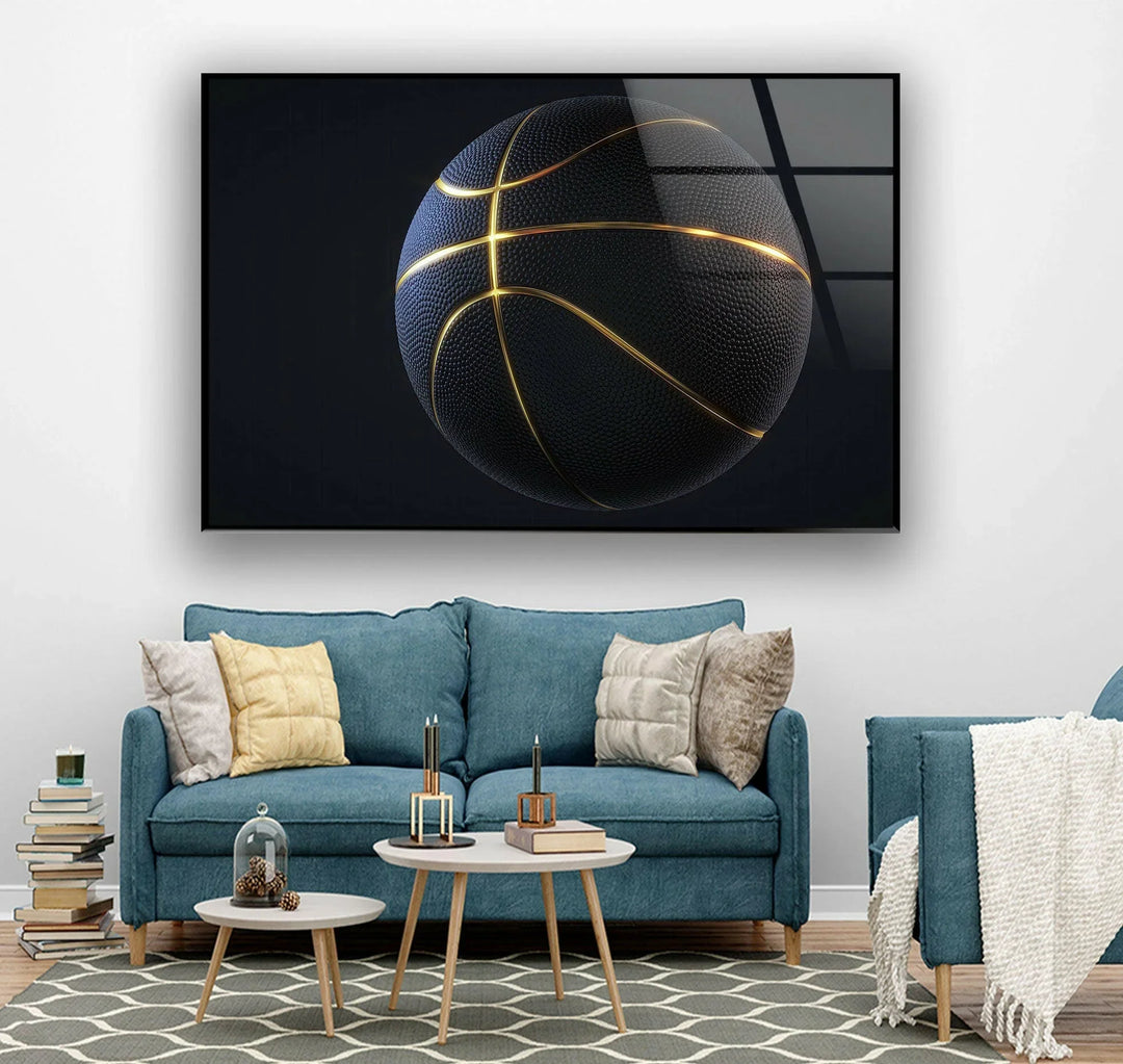 Bold basketball artwork in black and gold with textured surface and glowing seams on glass- MyPhotoStation