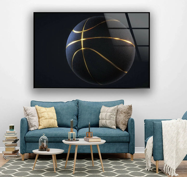 Bold basketball artwork in black and gold with textured surface and glowing seams on glass- MyPhotoStation