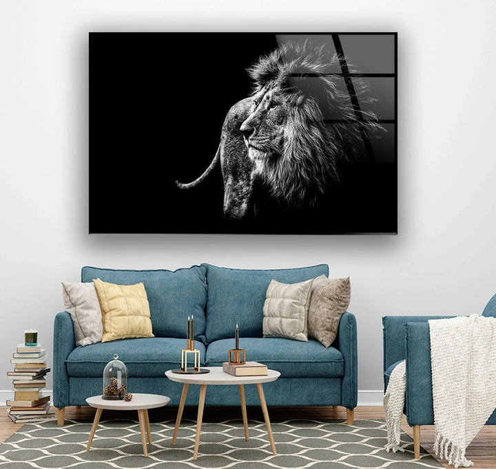 Dramatic black and white lion portrait printed on tempered glass.