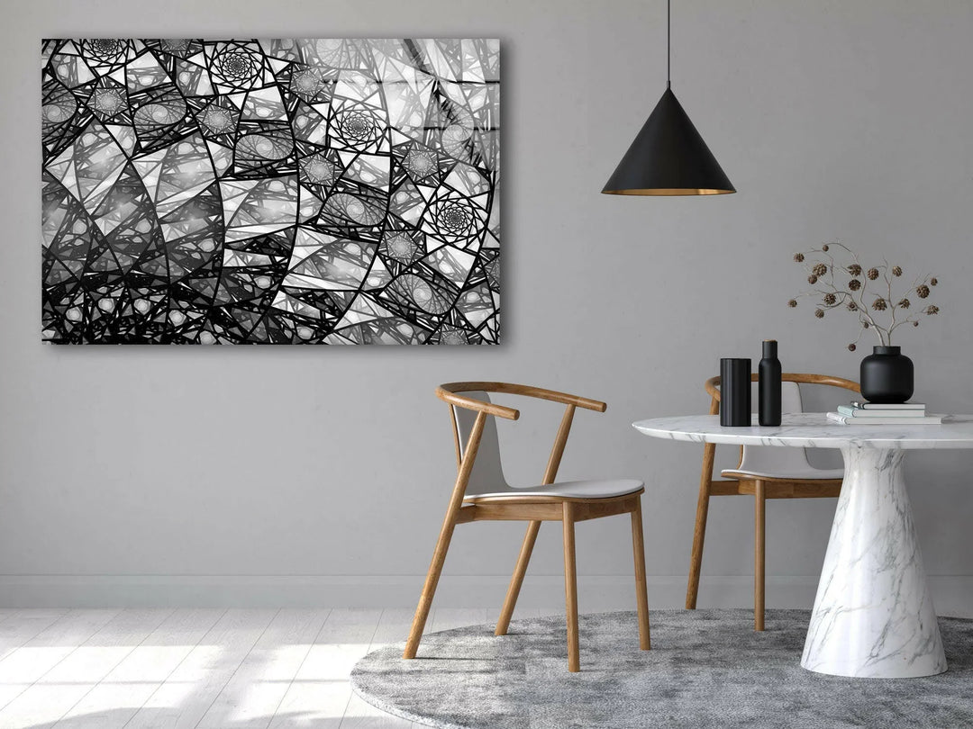 Complex geometric fractal mosaic with swirling patterns on tempered glass wall art.