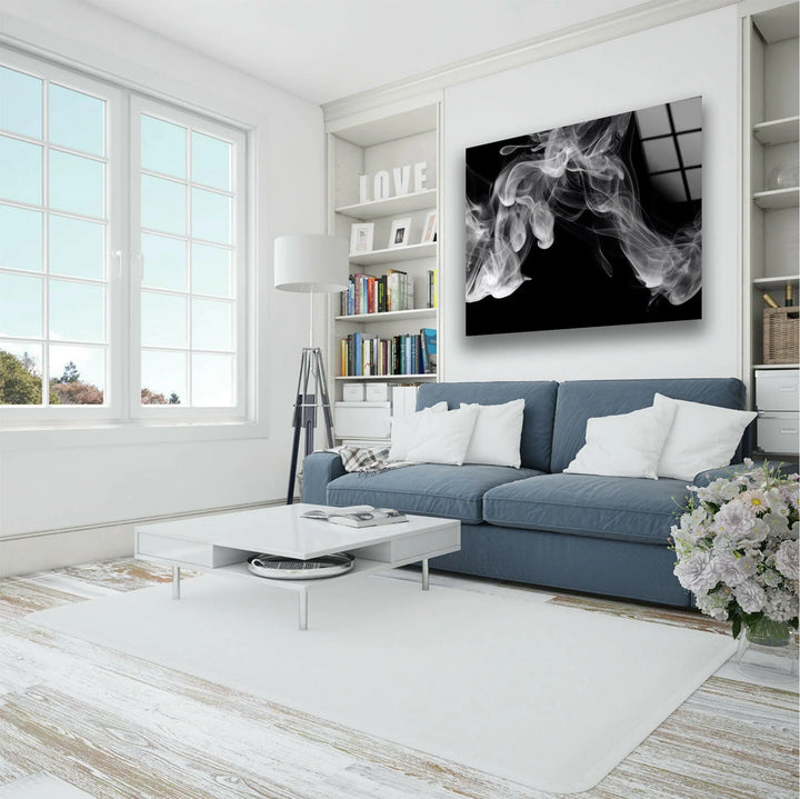 Abstract smoke design on glass wall art featuring graceful white wisps against bold black.