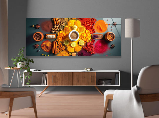 Vibrant color contrast enhances the various spices featured in this panoramic glass art painting, displayed above a modern console in an elegant interior.