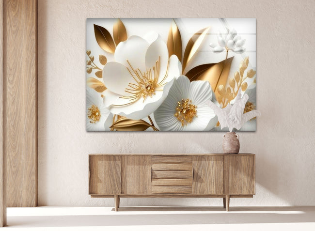 a white and gold flower painting on a wall