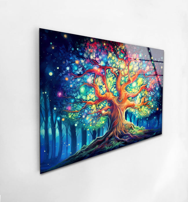 a painting of a colorful tree on a white wall