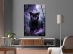 a painting of a black cat with purple eyes
