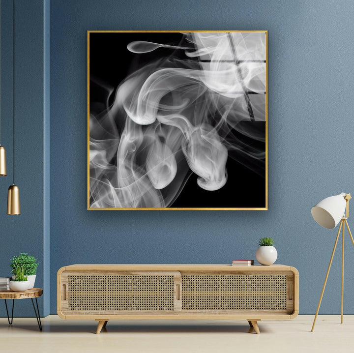 Artistic monochrome smoke swirls on tempered glass creating a modern minimalist wall decor piece.