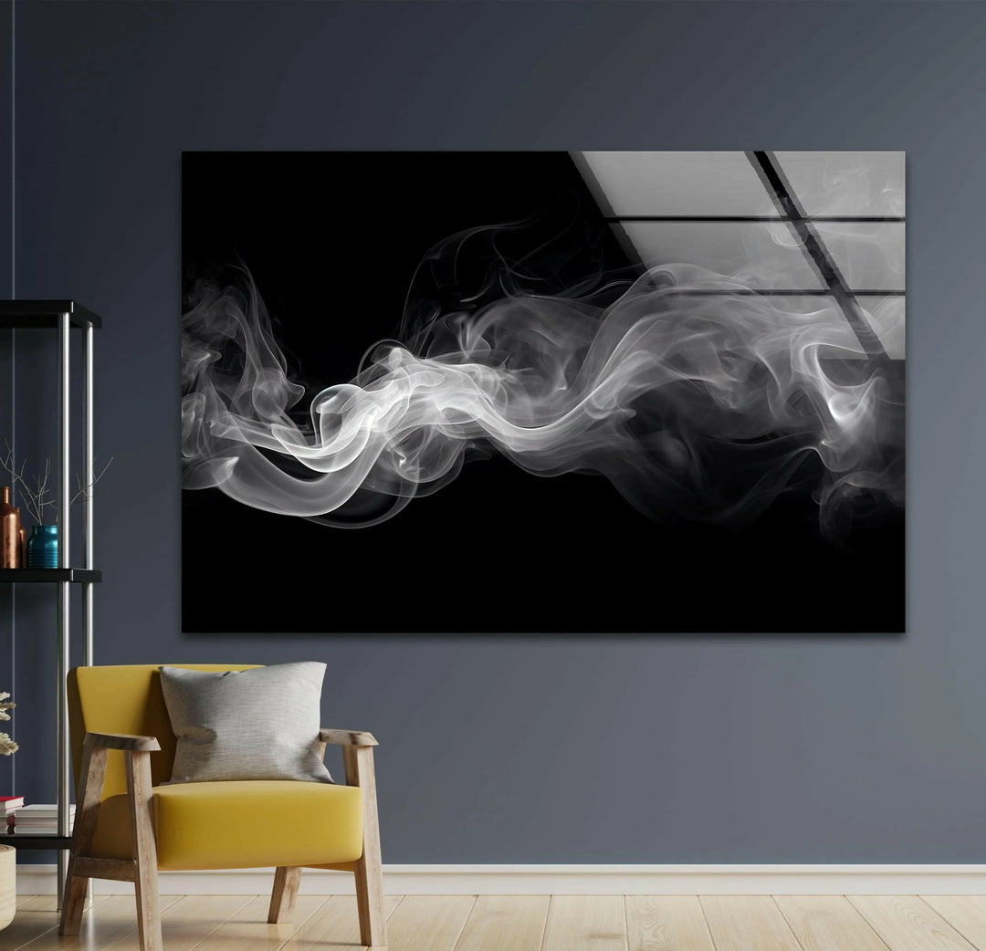 Soft monochrome smoke patterns printed on glass creating a calming visual flow.