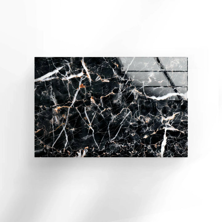 Contemporary glass wall décor showcasing deep black marble texture and natural veining.