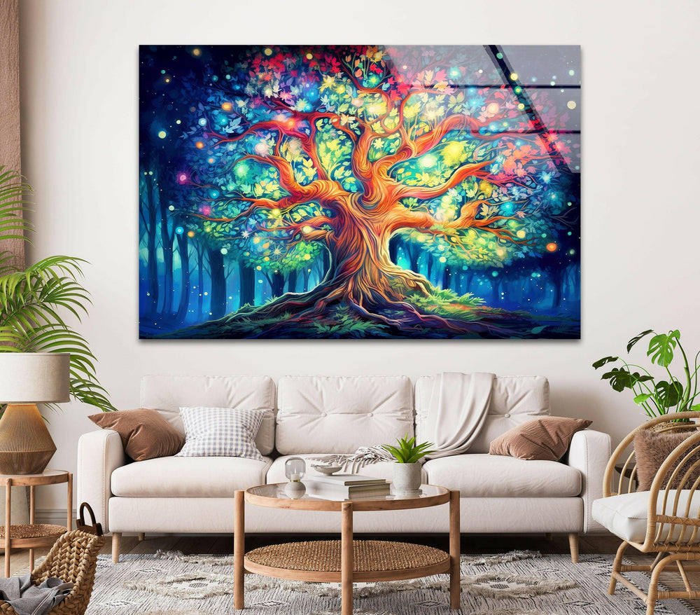 Tree With Colorful Leaves Glass Wall Art, picture on glass wall art, photos printed on glass