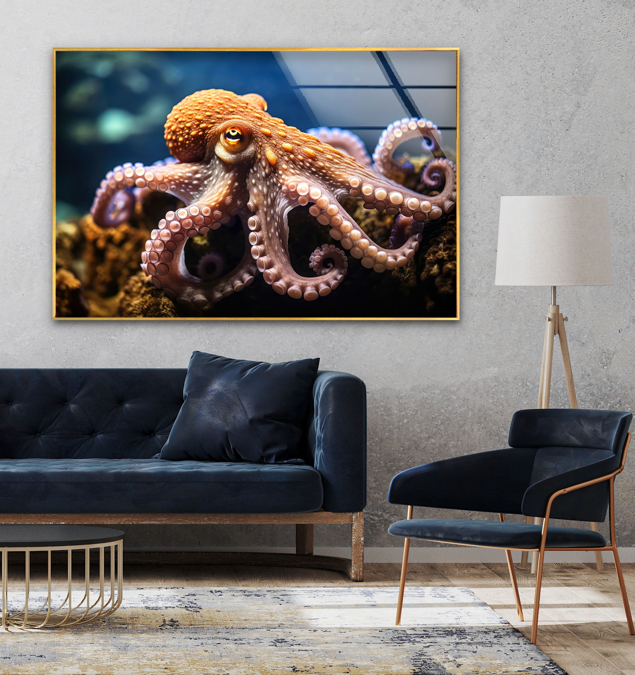 a living room with a couch and an octopus on the wall