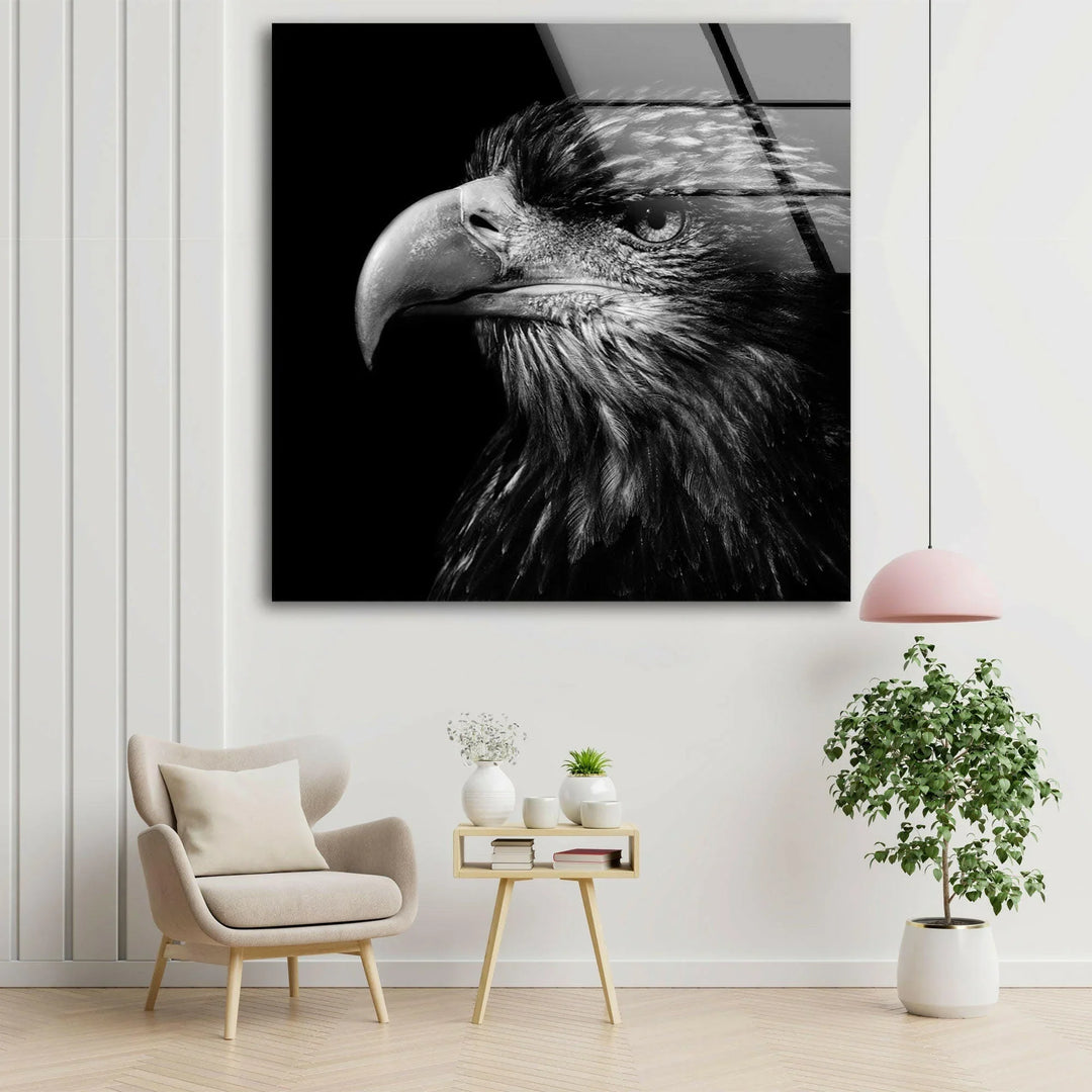 Fierce eagle expression highlighted in high-contrast monochrome on glass wall art.
