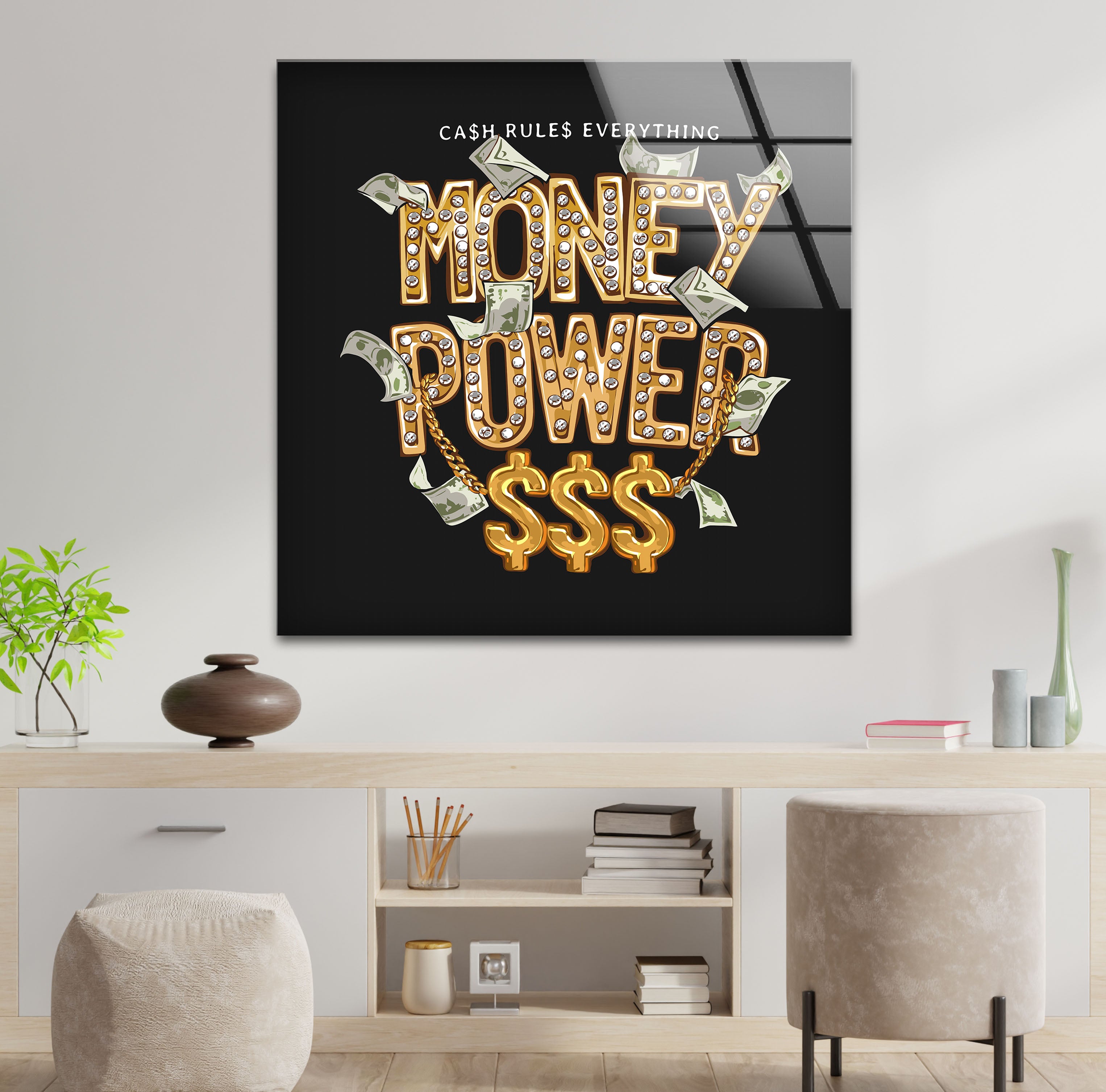 a picture of a money power sign hanging on a wall