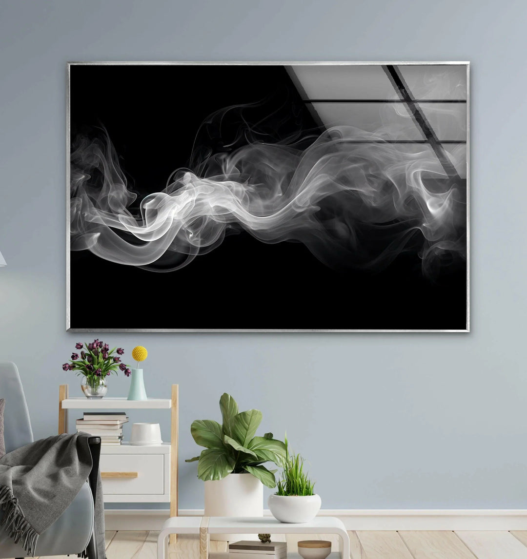 Black and white smoke illustration printed on glass with smooth drifting motion.