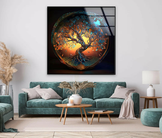 Featuring a sleek, black frame, this tree of life round glass wall art showcases an elegant edge and borders, highlighting its beautiful glass art painting design.