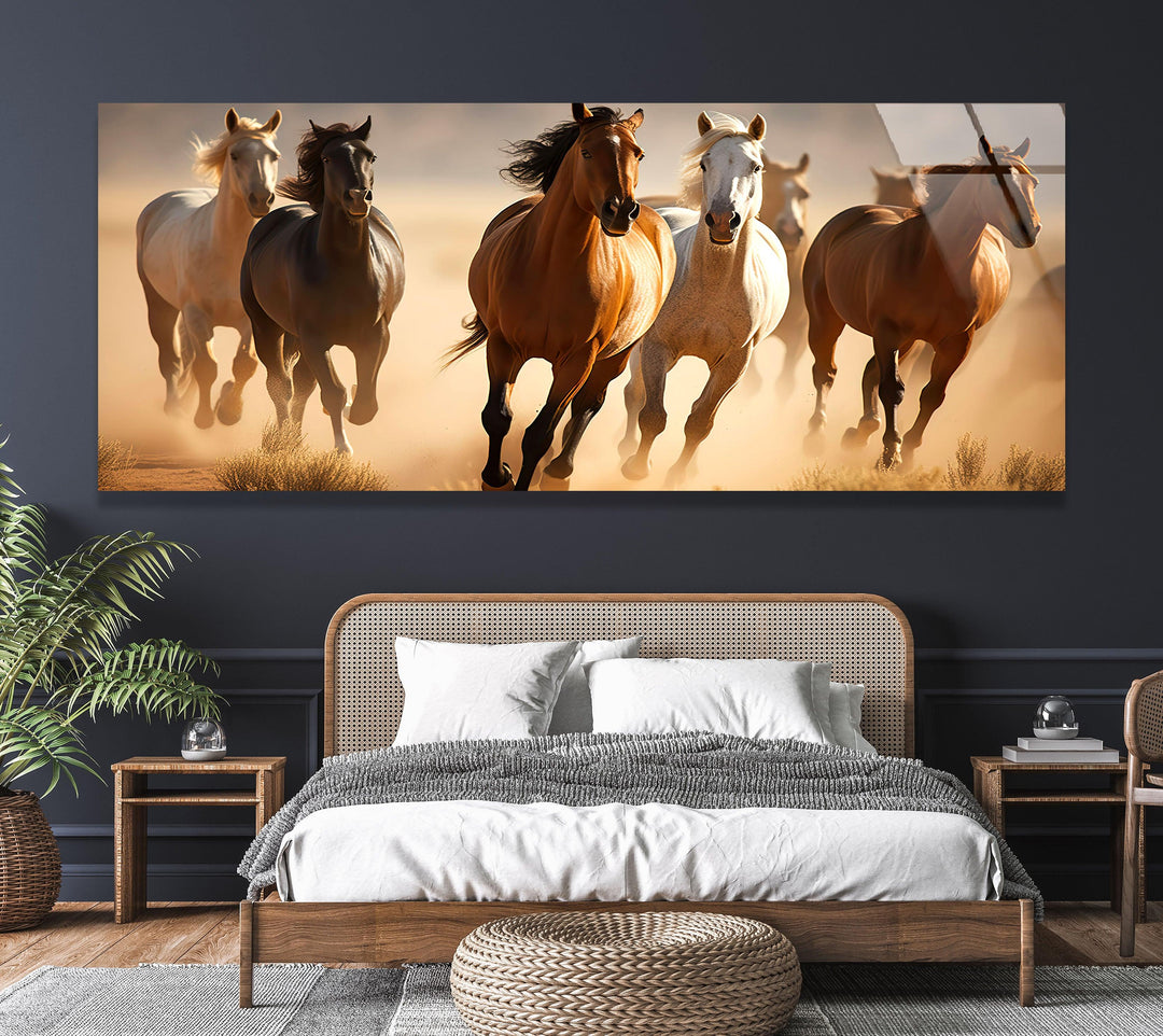 Wild Horses Galloping Glass Wall Art, glass art painting, glass art for the Wall