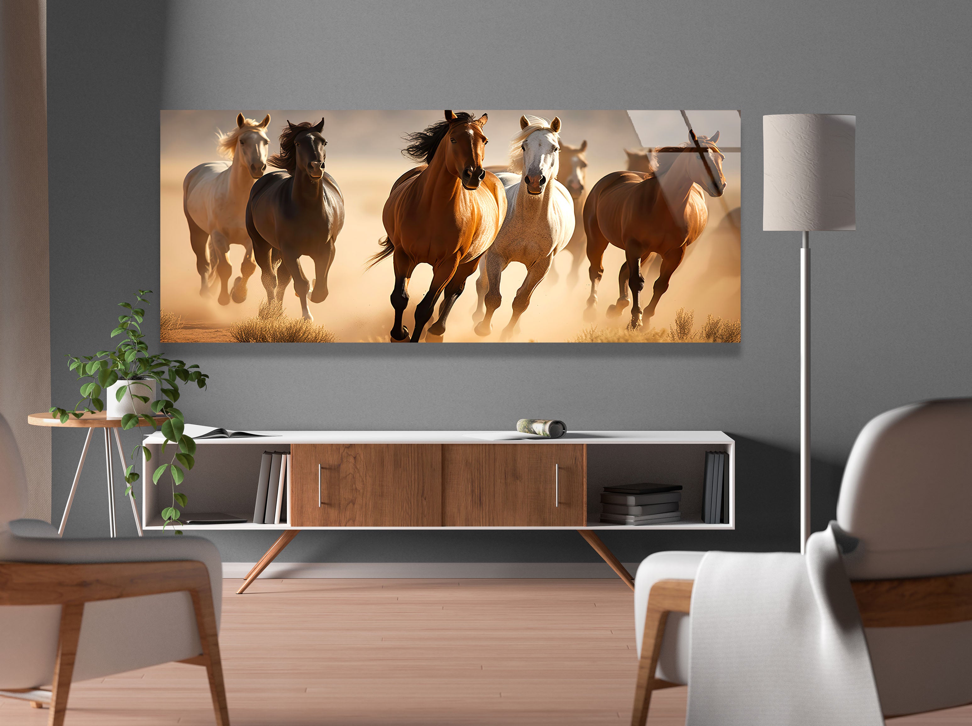 a painting of three horses running in a field