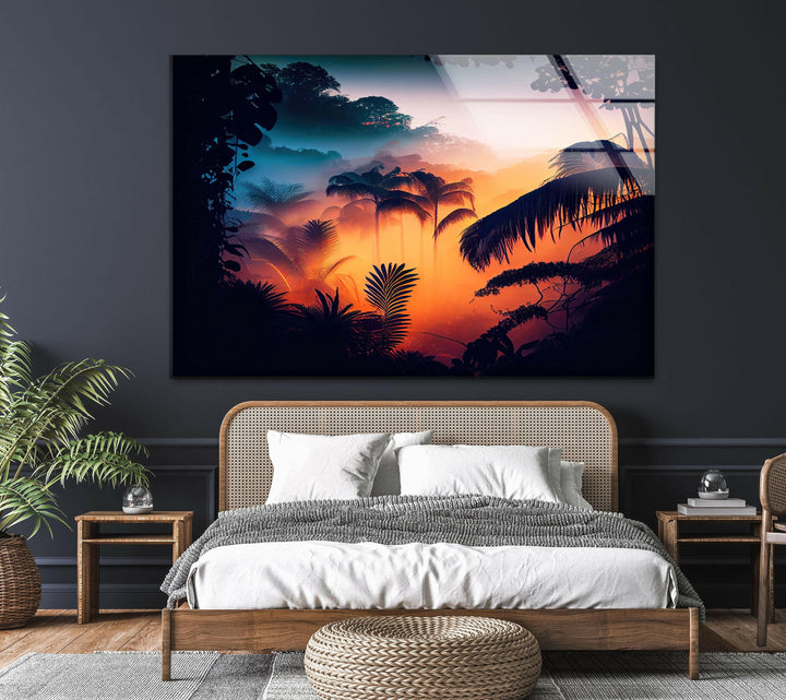 Breathtaking view of the tropical forest at dawn with sunlight peeking through the leaves.
