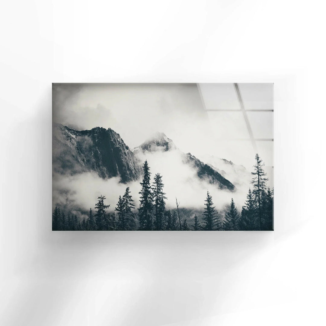 Dramatic fog and mountains composition in black and white for elegant glass wall art.