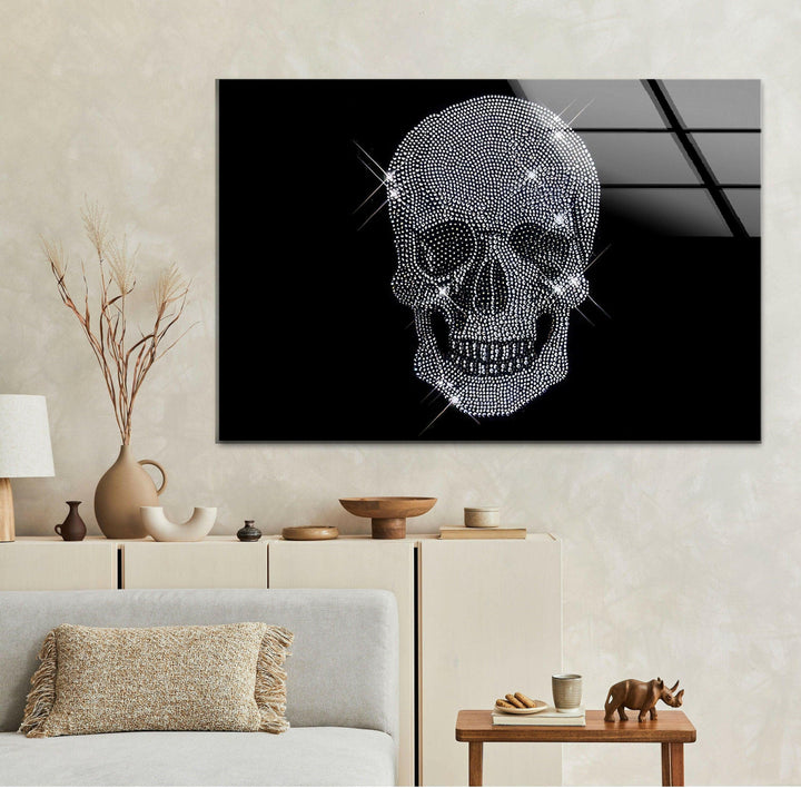 Black and white art panel displaying a shimmering rhinestone skull with dramatic contrast.