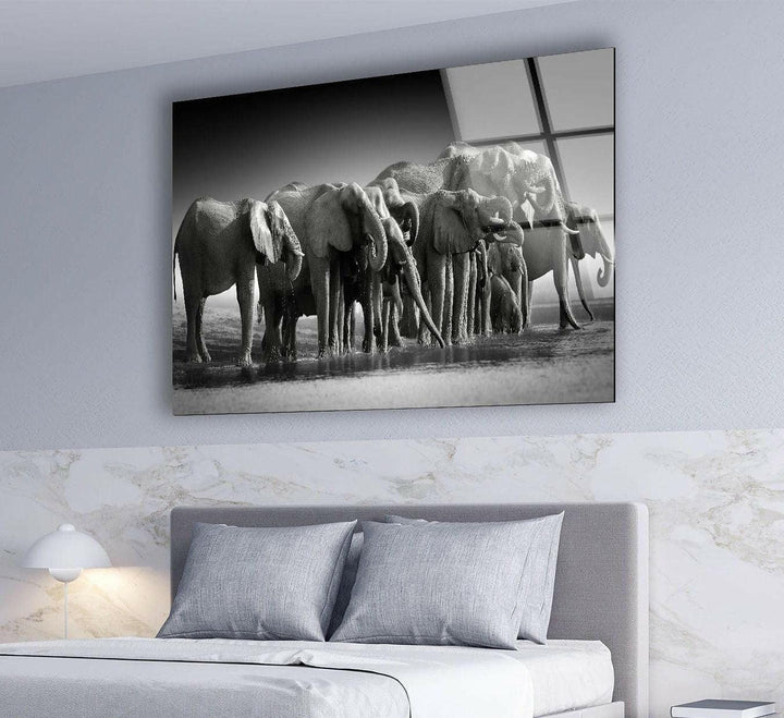 Black and white wall art portraying elephants standing closely together near water.