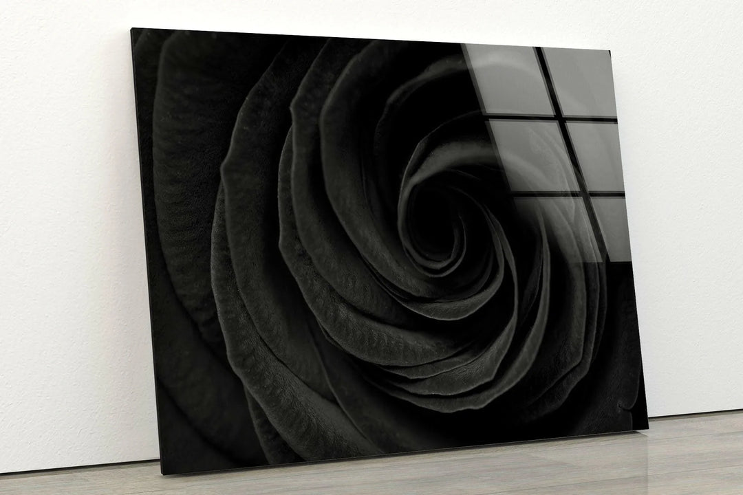 Artistic monochrome rose petals forming a hypnotic spiral on tempered glass art.