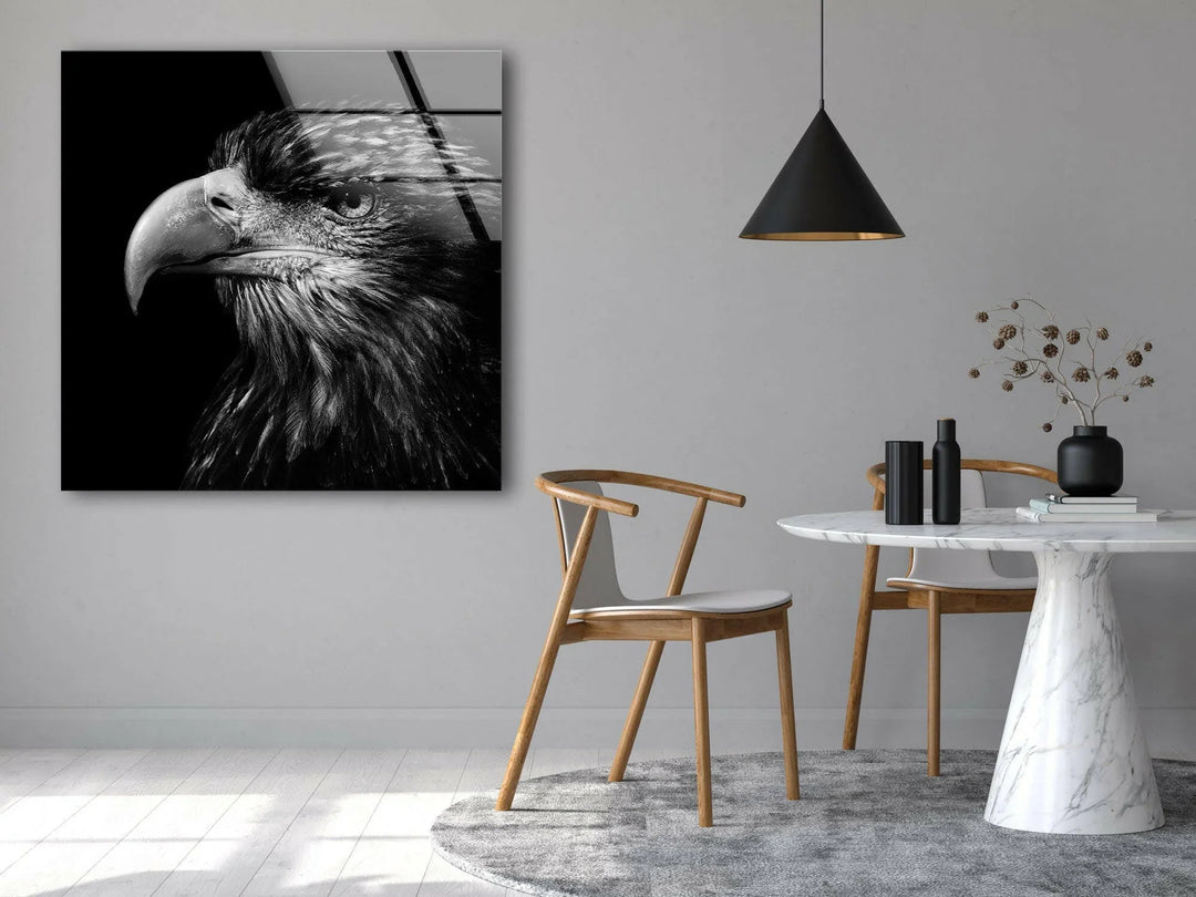 Black and white eagle artwork emphasizing strength and detail on tempered glass.