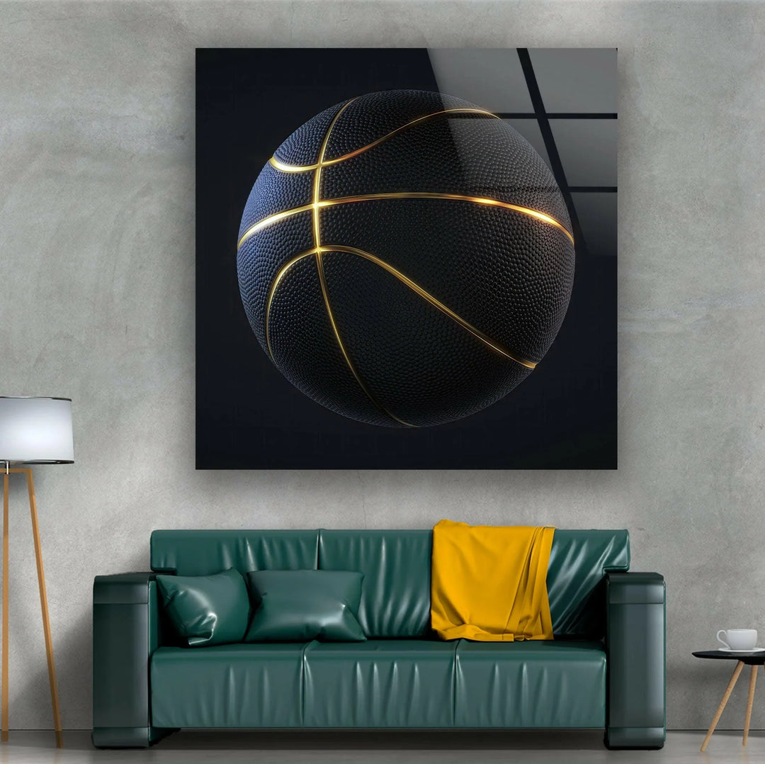 Modern basketball wall art on glass showing a dark textured ball with glowing highlights.