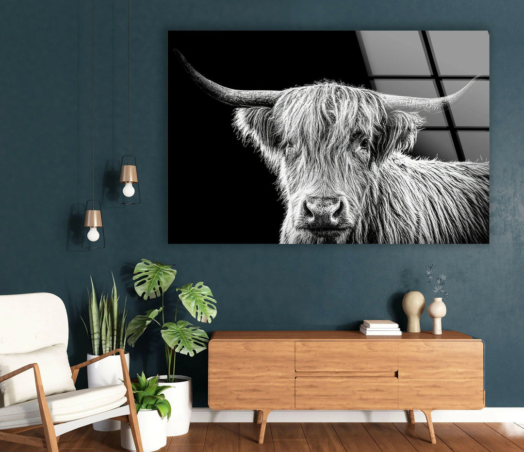 Glass wall art featuring a textured highland cow head with prominent horns.
