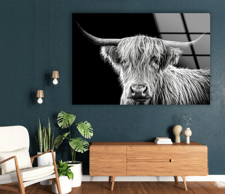Glass wall art featuring a textured highland cow head with prominent horns.