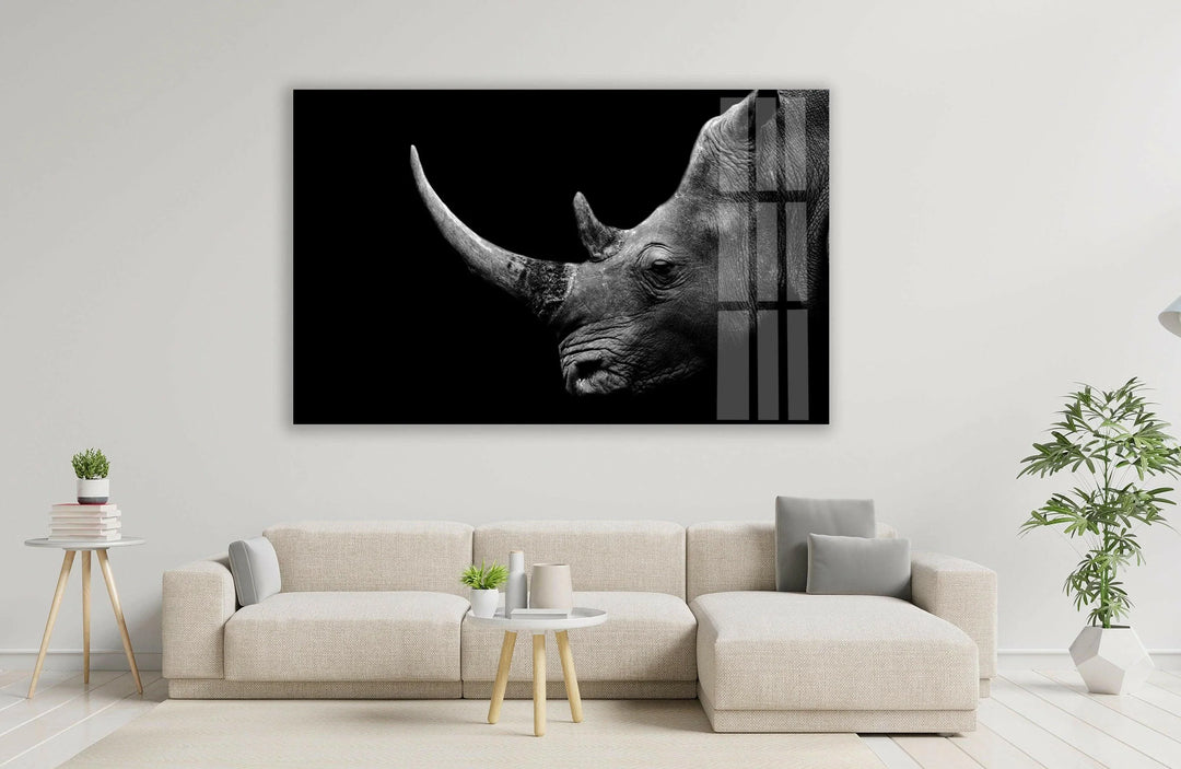 Black and white rhino illustration printed on glass with realistic detail and strong contrast.