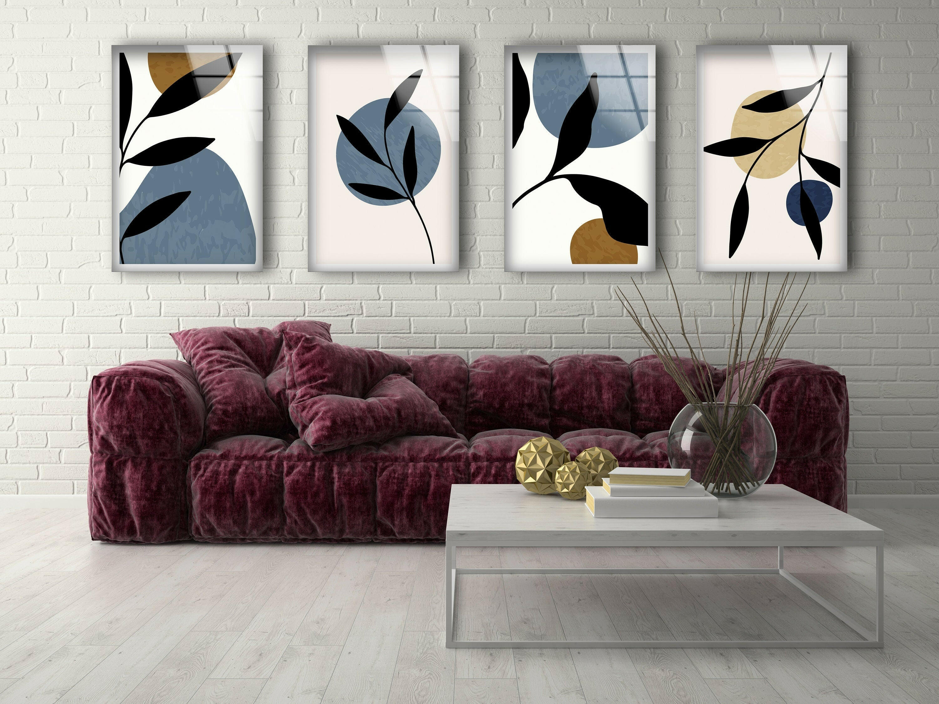 4 Pieces Botanical Leaves Tempered Glass Wall Art