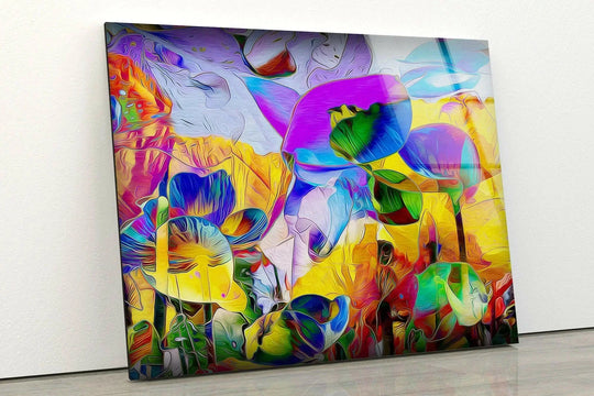 Vibrant purple and yellow floral glass wall art showcasing intricate foreground details in a decorative wall art style.