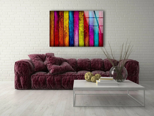 Colorful painted wood glass wall art with unique modern wall decor features vivid colors along the edges and borders of the wooden planks.