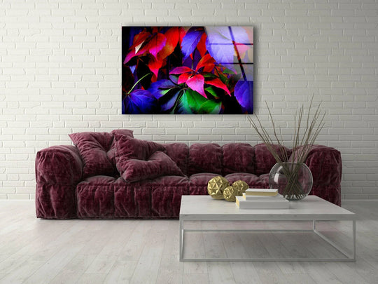 Vibrant, highly saturated red, purple, and green autumn leaves create a stunning display in this unique modern wall decor.