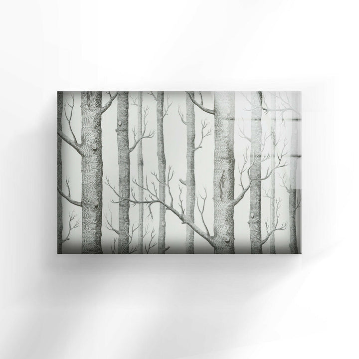 Minimalist nature print of a monochrome birch forest, perfect for modern interior decor.
