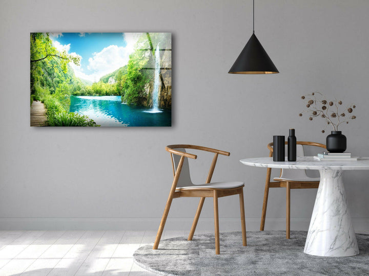 Peaceful River and Cascading Falls – A Stunning Glass Artwork
