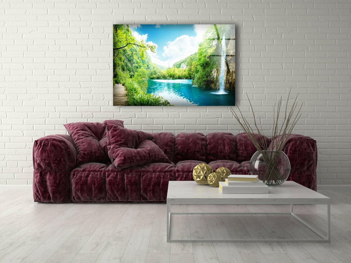 Misty Falls and Verdant Forest – A Dreamy Glass Wall Art Print
